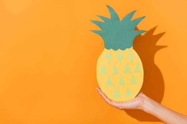 Cropped View Woman Holding Paper Cut Pineapple Orange — Stock Photo, Image