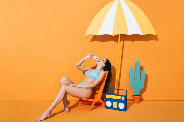 Stylish Woman Sunglasses Swimwear Sitting Deck Chair Boombox Umbrella While — Stock Photo, Image