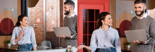 Collage Mujer Negocios Feliz Gesto Cerca Hombre Barbudo Con Ordenador — Foto de Stock