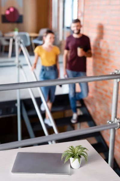 オフィスの階段を歩くビジネスマンの近くの植木鉢のラップトップと植物の選択的な焦点 — ストック写真