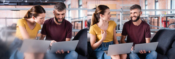 collage of happy businessman and businesswoman using laptops while sitting on sofa