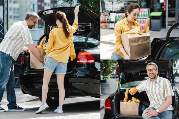 Collage Smiling Couple Putting Shopping Bag Food Car Trunk Urban — Stock Photo, Image