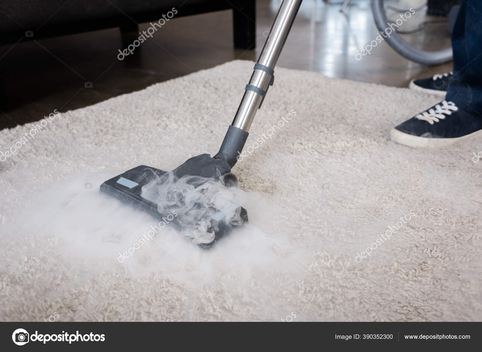 Cropped View Cleaner Using Vacuum Cleaner Hot Steam Carpet Home Stock