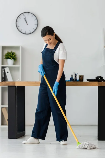 Smiling Cleaner Rubber Gloves Washing Floor Mop Office — Stock Photo, Image