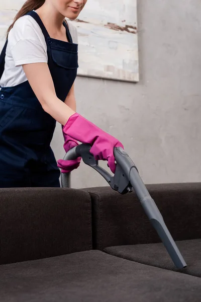 Cropped View Cleaner Rubber Gloves Cleaning Upholstery Couch Vacuum Cleaner — Stock Photo, Image