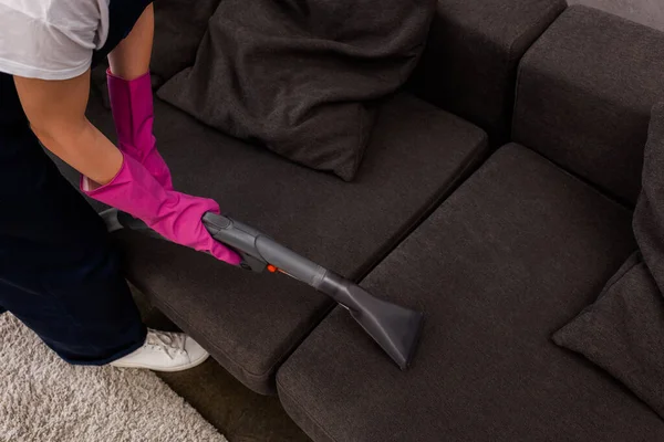 Cropped View Cleaner Using Vacuum Cleaner Upholstery Couch — Stock Photo, Image