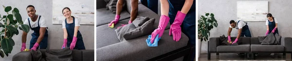 Collage Smiling Multiethnic Cleaners Uniform Cleaning Couch Upholstery Home — Stock Photo, Image