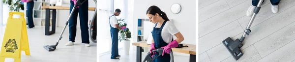 Kolaż Wieloetnicznych Pracowników Sprzątających Pracujących Biurze — Zdjęcie stockowe
