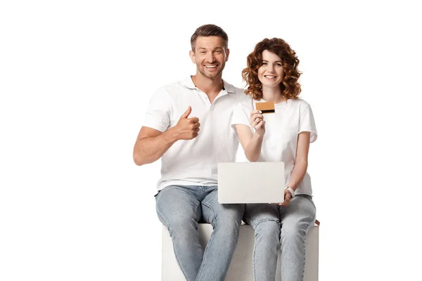 Happy Man Showing Thumb While Curly Woman Holding Credit Card — Stock Photo, Image