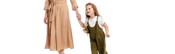 Panoramic Crop Mother Cute Daughter Holding Hands Isolated White — Stock Photo, Image