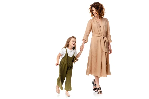 Cheerful Mother Daughter Holding Hands Isolated White — Stock Photo, Image