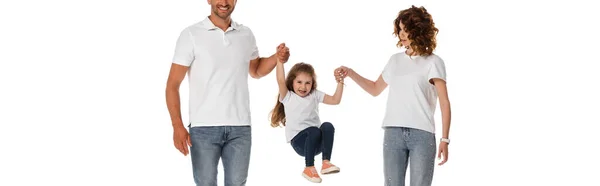 Panoramic Concept Happy Parents Holding Hands Cute Daughter Jumping Isolated — Stock Photo, Image