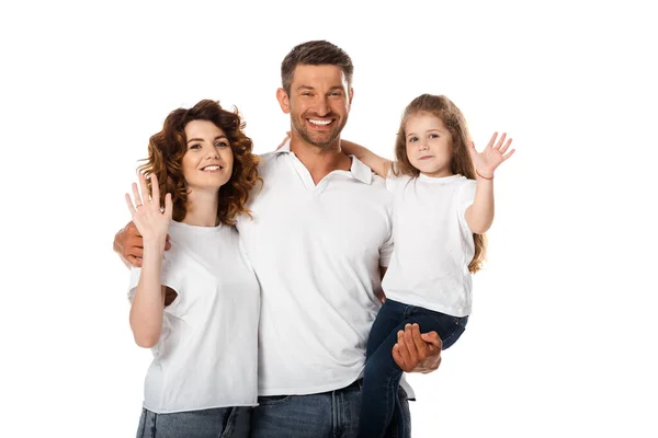 幸せな母親と娘が手を振って明るい父親の近くに分離白 — ストック写真