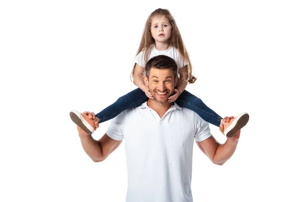 Cute Kid Sitting Shoulders Cheerful Father Isolated White — Stock Photo, Image