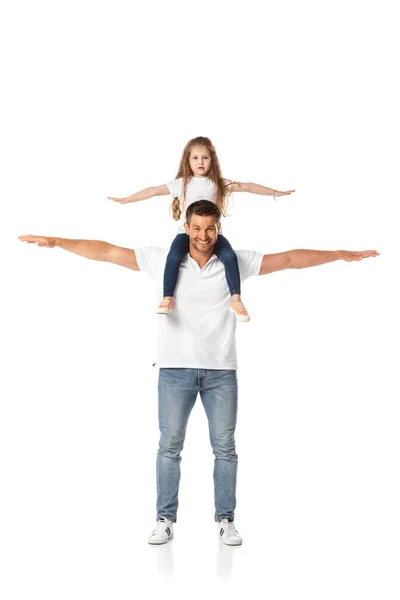 Cute Kid Outstretched Hands Sitting Shoulders Cheerful Father White — Stock Photo, Image