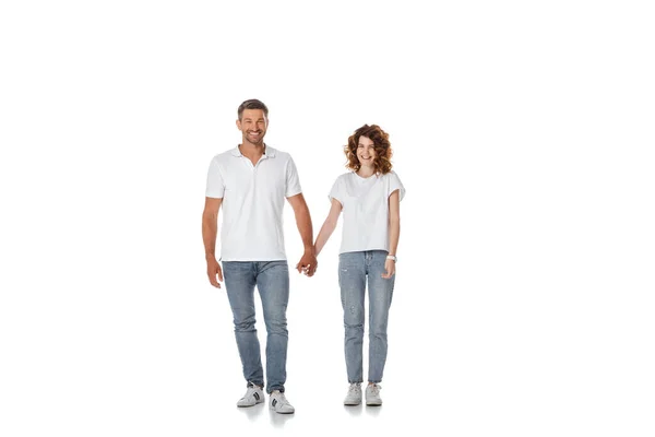 Happy Woman Cheerful Man Holding Hands Standing White — Stock Photo, Image