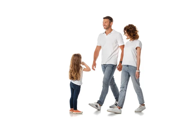 Happy Wife Cheerful Husband Holding Hands Walking Kid White — Stock Photo, Image