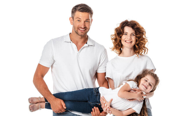 happy mother and father holding in arms cute daughter isolated on white 