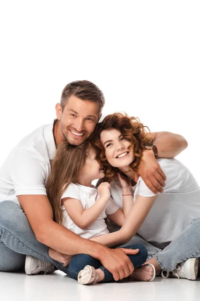 Happy Family Smiling Hugging White — Stock Photo, Image