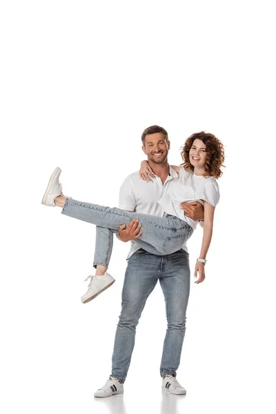 Happy Man Holding Arms Curly Wife White — Stock Photo, Image