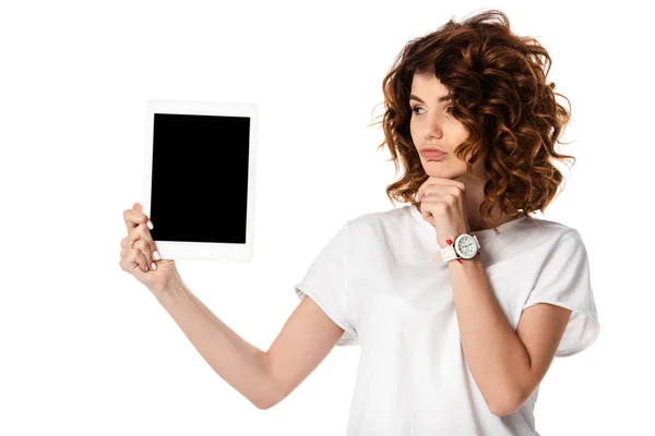 Pensive Vrouw Met Digitale Tablet Met Blanco Scherm Geïsoleerd Wit — Stockfoto