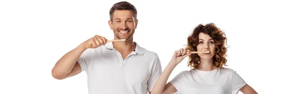 Horizontal Image Cheerful Couple Brushing Teeth Isolated White — Stock Photo, Image