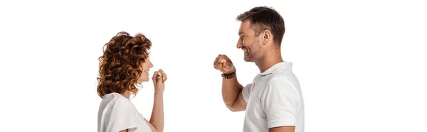 Horizontal Crop Cheerful Couple Brushing Teeth Isolated White — Stock Photo, Image