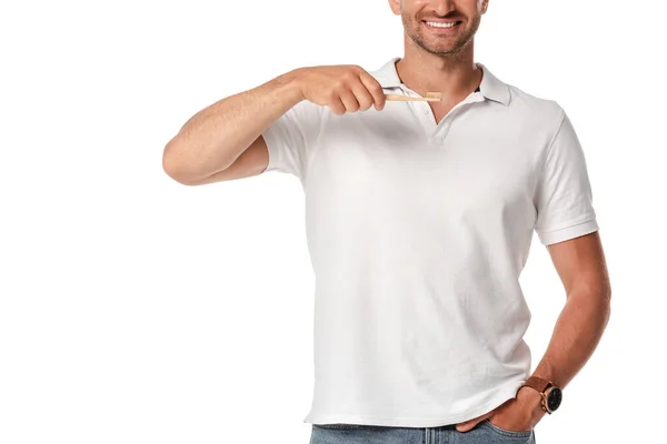 Cropped View Cheerful Man Holding Toothbrush Standing Hand Pocket Isolated — Stock Photo, Image