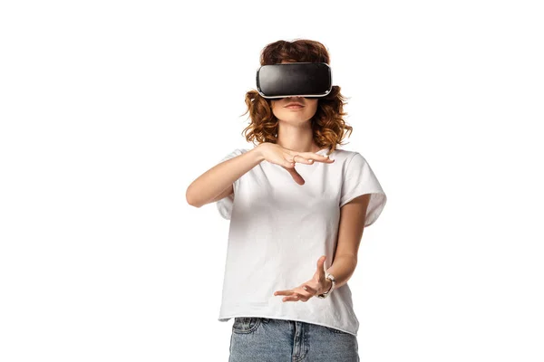 Curly Young Woman Virtual Reality Headset Gesturing Isolated White — Stock Photo, Image