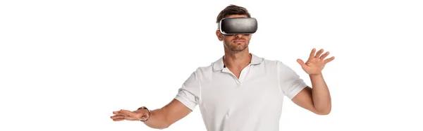 Citra Horisontal Manusia Dalam Virtual Reality Headset Gestur Terisolasi Atas — Stok Foto