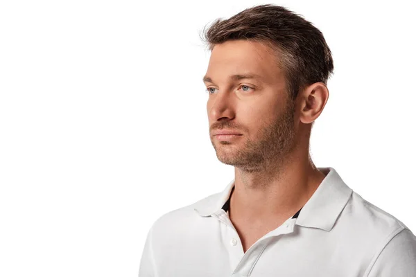 Handsome Man White Shirt Looking Away Isolated White — Stock Photo, Image