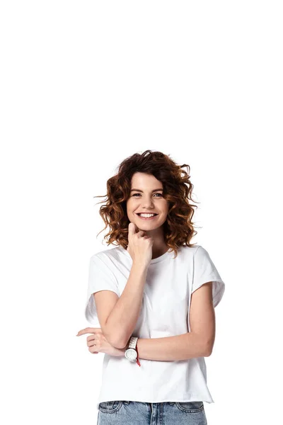 Happy Curly Woman Standing Isolated White — Stock Photo, Image
