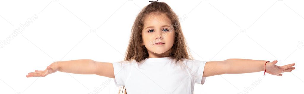 panoramic shot of cute kid in white t-shirt standing with outstretched hands isolated on white 