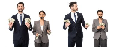 İş kadınının yanında dolar tutan iş adamlarının kolajı. Ağzında koli bandıyla beyaz, cinsiyetçilik kavramına izole edilmiş. 