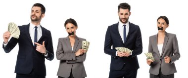 İşadamı kolajı, beyaz, cinsiyet ayrımcılığı kavramına izole edilmiş ağzında koli bandıyla iş kadınının yanındaki dolarları işaret ediyor. 