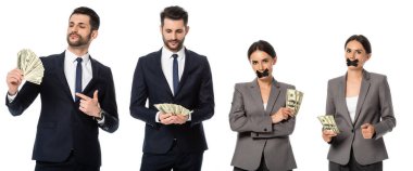 Takım elbiseli işadamlarının kolajı, beyaz ağızlı, koli bandıyla iş kadınının yanındaki parayı işaret ediyor.