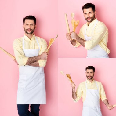 Ahşap kaşıklar tutan önlüklü adam kolajı, pembe, cinsiyet eşitliği kavramında merdane ve çatal. 