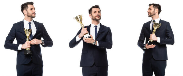 collage of bearded businessman holding golden trophy isolated on white