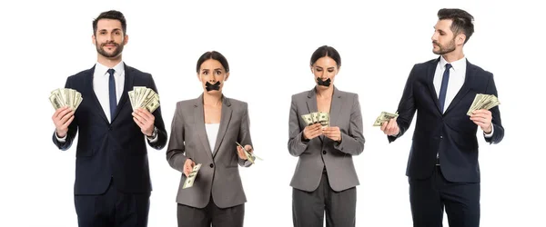 Collage Businessman Holding Dollar Banknotes Businesswoman Duct Tape Mouth Isolated — Stock Photo, Image