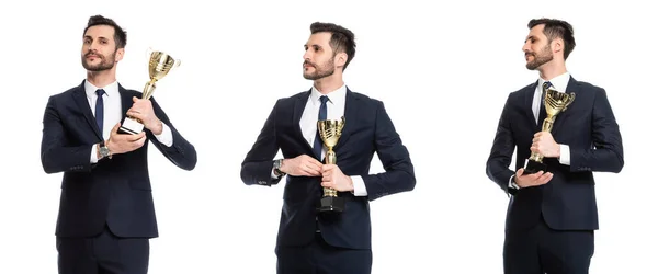 Collage Handsome Businessman Formal Wear Holding Golden Trophy Isolated White — Stock Photo, Image
