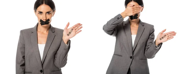 Collage Businesswoman Too Lettering Hand Duct Tape Mouth Covering Eyes — Stock Photo, Image