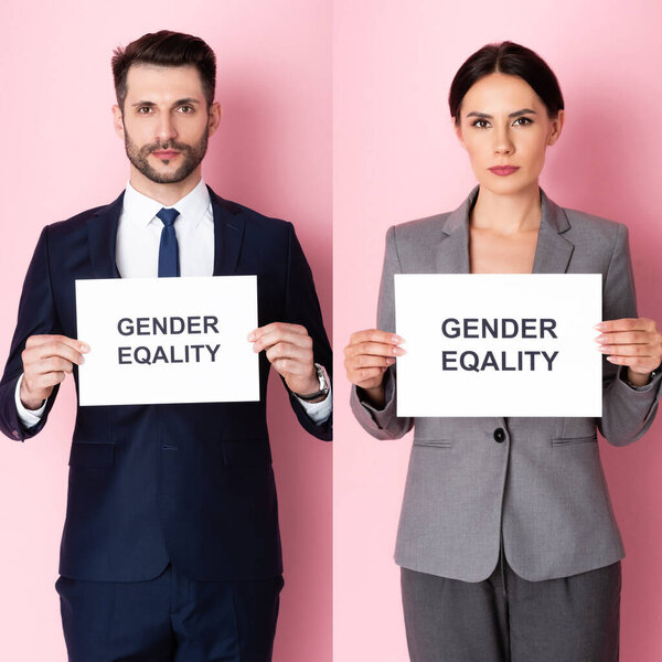 collage of businessman and businesswoman holding placards with gender equality lettering on pink 