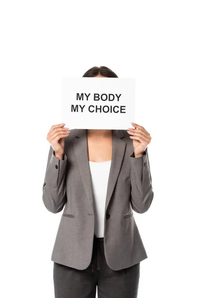 Businesswoman Covering Face While Holding Placard Body Choice Lettering Isolated — Stock Photo, Image