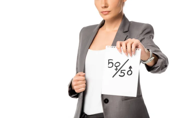 Cropped View Businesswoman Holding Paper Fifty Fifty Symbols Isolated White — Stock Photo, Image