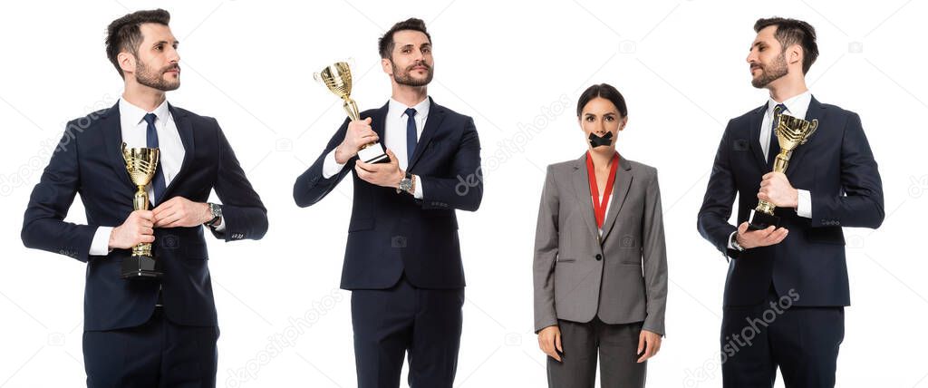 collage of happy businessman holding golden trophy near businesswoman with scotch tape on mouth isolated on white