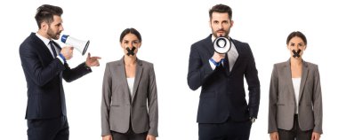 collage of bearded businessman in suit screaming in megaphone near businesswoman with scotch tape on mouth isolated on white  clipart