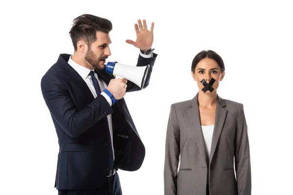 Businessman Screaming Megaphone Gesturing Businesswoman Duct Tape Mouth Isolated White — Stock Photo, Image