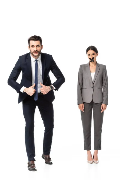 Bearded Businessman Suit Pointing Thumbs Himself Businesswoman Scotch Tape Mouth — Stock Photo, Image