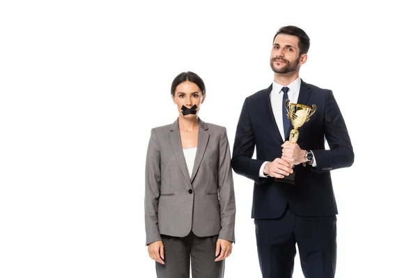 Businessman Holding Trophy Businesswoman Duct Tape Mouth Isolated White Gender — Stock Photo, Image