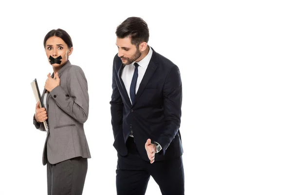 Businessman Formal Wear Molesting Businesswoman Scotch Tape Mouth Isolated White — Stock Photo, Image
